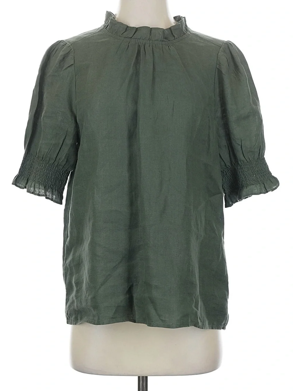 J. Crew Linen Olive Green Ruffle Neck Short Sleeve Blouse